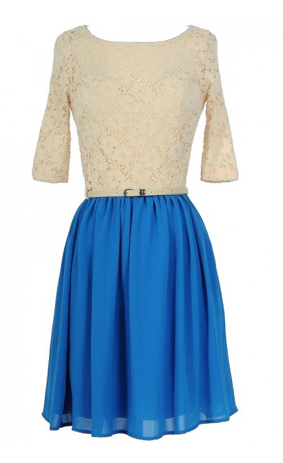 Dawn Til Dusk Belted Lace and Chiffon Dress in Bright Blue